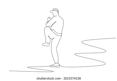 Single continuous line drawing young agile man baseball pitcher practice to throw the ball. Sport exercise concept. Trendy one line draw design vector graphic illustration for baseball promotion media