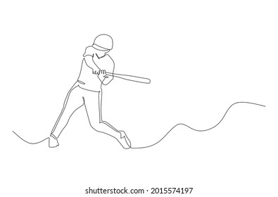 Single continuous line drawing young agile professional baseball player in action hit the ball with a bat. Sport exercise concept. Trendy on line drawing graphic vector illustration for baseball