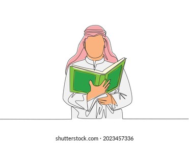 Single continuous line drawing of young muslim person reading and recite Quran in traditional Arab cloth. Islamic holy day Ramadan Kareem greeting card concept one line draw design vector illustration