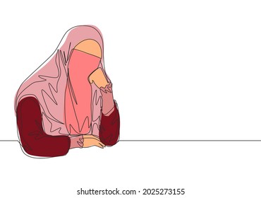Single continuous line drawing of young pretty saudi arabian muslimah wearing burqa and pensive seriously. Traditional muslim woman niqab with hijab concept one line draw design vector illustration