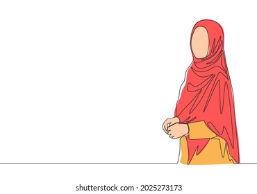 Single continuous line drawing of young happy muslimah girl with headscarf standing and pose nicely. Cute malay women model in trendy hijab fashion concept one line draw design vector illustration