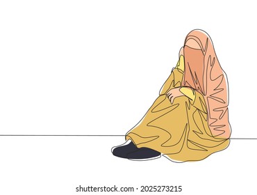 Dibujo continuo de una joven y atractiva musulmana de medio oriente con burka sentada en el suelo. Niqab de mujer musulmana tradicional con hijab concepto dibujo de una línea ilustración vectorial
