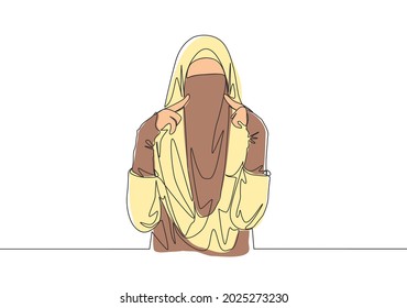 Single continuous line drawing of young cute Asian muslimah wearing burqa while touching her cheeks. Traditional beauty muslim woman niqab with hijab concept one line draw design vector illustration