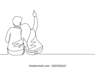 Single continuous line drawing young girl in love sit lay shoulder her boyfriend   looking at moon   stars  Man   woman enjoying romantic night together  One line draw graphic design vector