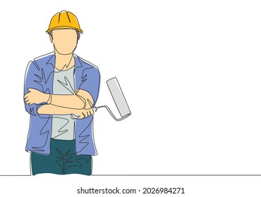 Single continuous line drawing of young handyman wearing building construction uniform while holding paint roller. Painter wall renovation service concept. One line draw design illustration