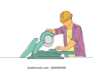 Single continuous line drawing of young attractive woodworker cutting wooden board using circular saw. Home renovation service concept one line draw design illustration