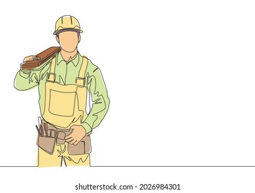 Single continuous line drawing of young handsome lumberjack on uniform carrying stack of wooden boards. Building construction service concept one line draw design illustration