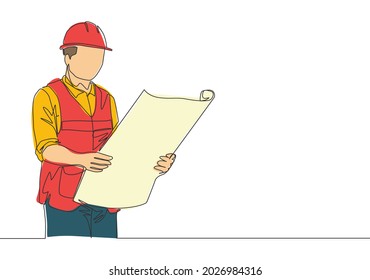 Single continuous line drawing of young attractive architect checking sketch building architecture blueprint. House maintenance service concept one line draw design vector graphic illustration