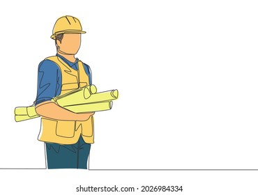 Single continuous line drawing of young attractive architecture holding building sketch design blueprint roll paper. House maintenance service concept one line draw design illustration