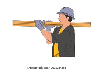 Single continuous line drawing of young lumberjack wearing helmet and glove while carrying pile of woods. Carpenter building maintenance service concept. One line draw design illustration