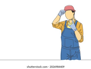 Single continuous line drawing of young craftsman wearing workman uniform and helmet. Repairman construction maintenance service concept. One line draw design illustration