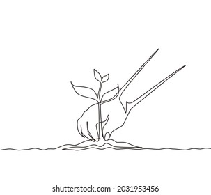 Single continuous line drawing young woman planting a tree in the garden. Ecology concept. The spring planting. Early seedlings grown from seeds. Agriculture. Earth day. Dynamic one line draw graphic