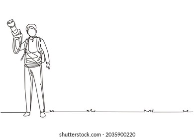 Single continuous line drawing young cheerful professional male photographer with camera joy make photography taking nature, traveling concept. Dynamic one line draw graphic design vector illustration