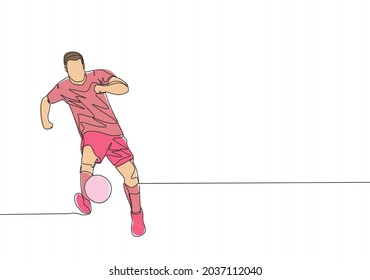 Single continuous line drawing of young energetic football player passing the ball to the teammate. Soccer match sports concept. One line draw design vector illustration
