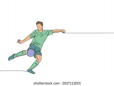 Single continuous line drawing of young energetic football striker shooting a first time kick technique. Soccer match sports concept. One line draw design vector illustration