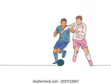 Single continuous line drawing of young energetic football player elbow opponent player while fighting for the ball. Soccer match sports concept. One line draw design vector illustration