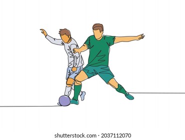 Single continuous line drawing of young energetic football player fighting for the ball at the competition game. Soccer match sports concept. One line draw design vector illustration