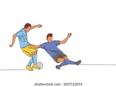 Single continuous line drawing of young energetic football player sliding opponent player when he wants to dribbling pass him. Soccer match sports concept. One line draw design vector illustration