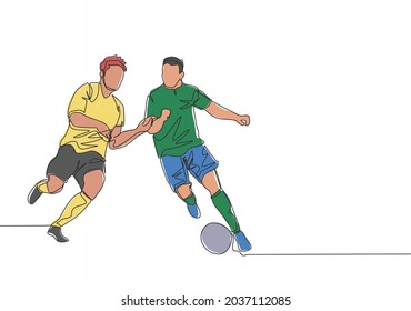 Single continuous line drawing of young energetic football player defending the ball from opponent player who want to seized it. Soccer match sports concept. One line draw design vector illustration