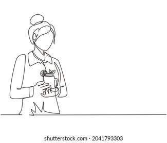 Single continuous line drawing young woman teacher hand holding mug of orange juice at office in morning daylight. Leisure time before start teaching at university. One line draw graphic design vector