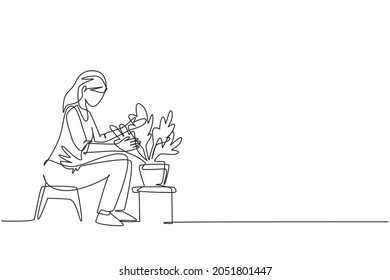 Single continuous line drawing young woman sitting and planting gardens flowers, agriculture gardener hobby and garden job. Gardening person, gardener flowers. One line draw design vector illustration