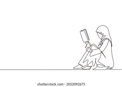 Single continuous line drawing young Arabian woman sitting on floor, reading book. Reading, studying. Girl love to read literature. Education, library concept. one line draw design vector illustration