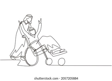 Single continuous line drawing young Arabian male volunteer helps disabled old man, riding on wheelchair in park. Family care, volunteerism, disability care. One line draw design vector illustration