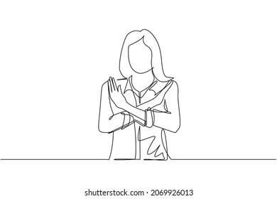 Single continuous line drawing young woman crossing arms   saying no gesture  Person making X shape  stop sign and hands   negative expression  One line draw graphic design vector illustration