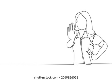 Single continuous line drawing young business woman showing palm as stop sign, stay, hold or rejection gesture. Emotion, body language concept. Dynamic one line draw graphic design vector illustration