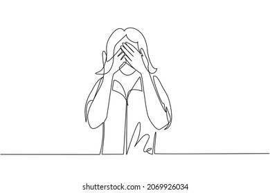 Single continuous line drawing young woman closes his eyes with her hands because of disgust and reluctance to see something, fear or sadness isolated. One line draw graphic design vector illustration