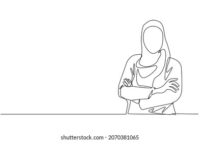 Single continuous line drawing young Arabian businesswoman standing and folded arms  Cute female in hijab and arms crossed standing isolated  Dynamic one line draw graphic design vector illustration