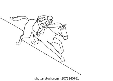 Una sola línea continua dibujando jockey joven sobre caballo. Caballo de carreras con jockey. Campeón. Caballo a caballo. Deporte ecuestre. Cabalgando jockey saltando a caballo. ilustración vectorial de diseño gráfico de una línea