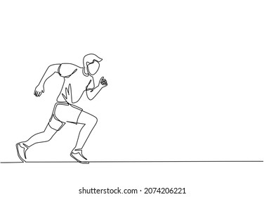 Single continuous line drawing young sporty man runner focus to run fast at track. Health activity sport concept. Running international tournament. One line draw design graphic vector illustration