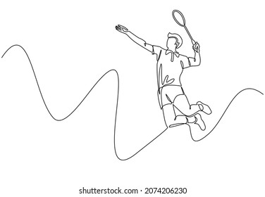 Single continuous line drawing young agile man badminton player jump and smash shuttlecock. Badminton tournament event. Sport exercise healthy concept. One line draw graphic design vector illustration