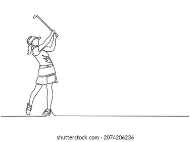 Single continuous line drawing young woman golf player swing golf club and hit the ball. Leisure sport concept. Professional golf tournament. Healthy lifestyle. One line draw graphic design vector