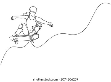 Una sola línea continua dibujando a una joven deportista fresca montando patineta y haciendo trucos de salto en el parque de patinaje. Deporte adolescente extremo. Concepto de estilo de vida deportivo saludable. vector de diseño de trazos de una línea