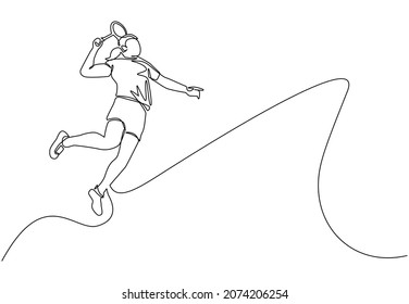 Single continuous line drawing young agile woman badminton player jump and smash shuttlecock. Badminton tournament event. Sport exercise healthy concept. One line draw design vector illustration