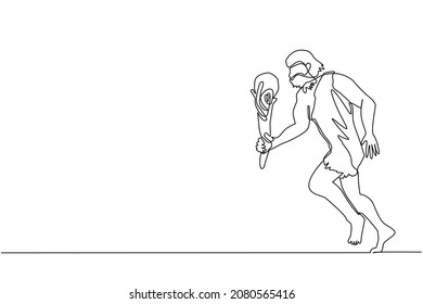 Einzelne durchgehende Linie Zeichnung junges Caveman und kudgel flach einzeln. Vorgeschichtlicher Mann Jäger. Der alte Mann läuft und jagt mit Cudgel. Dynamische Einzeilengrafik-Grafik, Vektorgrafik