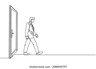 Single continuous line drawing young businessman walking and leaving closed door. New business ventures. Entering new market. Career growth. Dynamic one line draw graphic design vector illustration