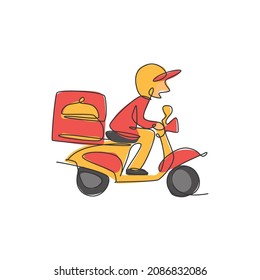 Single continuous line drawing young man driving motorcycle carrying box for food delivery service logo label. Restaurant food delivery concept. Modern one line draw design vector illustration