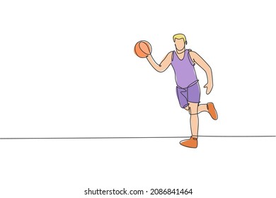 Dibujo de una sola línea continua de un joven jugador de baloncesto sano balanceando. Concepto deportivo competitivo. Ilustración de diseño de traza de una línea de moda vectorial para medios de promoción de torneos de baloncesto