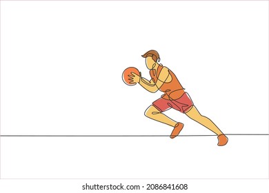 Single continuous line drawing of young healthy basketball male player running. Competitive sport concept. Trendy one line draw design vector illustration for basketball tournament promotion media