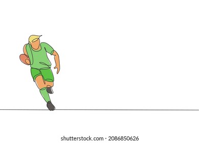 Single continuous line drawing of young agile rugby player running to avoid rival. Competitive sport concept. Trendy one line draw design vector illustration for rugby tournament promotion media