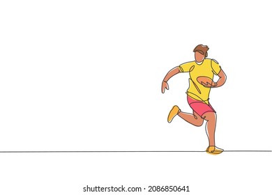 Single continuous line drawing of young agile rugby player running and holding the ball. Competitive sport concept. Trendy one line draw design vector illustration for rugby tournament promotion media