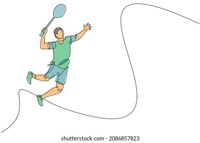 Single continuous line drawing of young agile badminton player jump hit shuttlecock. Sport exercise concept. Trendy one line draw design vector illustration for badminton tournament publication media