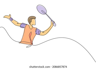 Single continuous line drawing of young agile badminton player give drop shot hit to opponent. Sport concept. Trendy one line draw design vector illustration for badminton tournament publication media