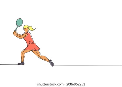 Single continuous line drawing of young agile woman tennis player try holding the ball. Sport exercise concept. Trendy one line draw design vector illustration for tennis tournament promotion media