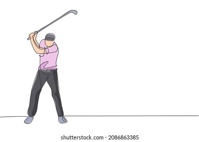 Single continuous line drawing of young happy golf player swing the golf club to hit the ball. Hobby sport concept. Trendy one line draw design vector illustration for golf tournament promotion media