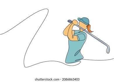 Single continuous line drawing of young happy golf player swing the golf club to hit the ball. Hobby sport concept. Trendy one line draw design vector illustration for golf tournament promotion media