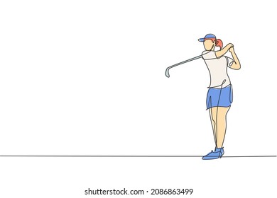 Single continuous line drawing of young happy golf player swing the golf club to hit the ball. Hobby sport concept. Trendy one line draw design vector illustration for golf tournament promotion media